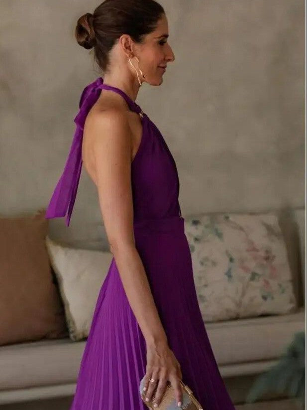Halterneck Pleated Hollow out Purple Dress