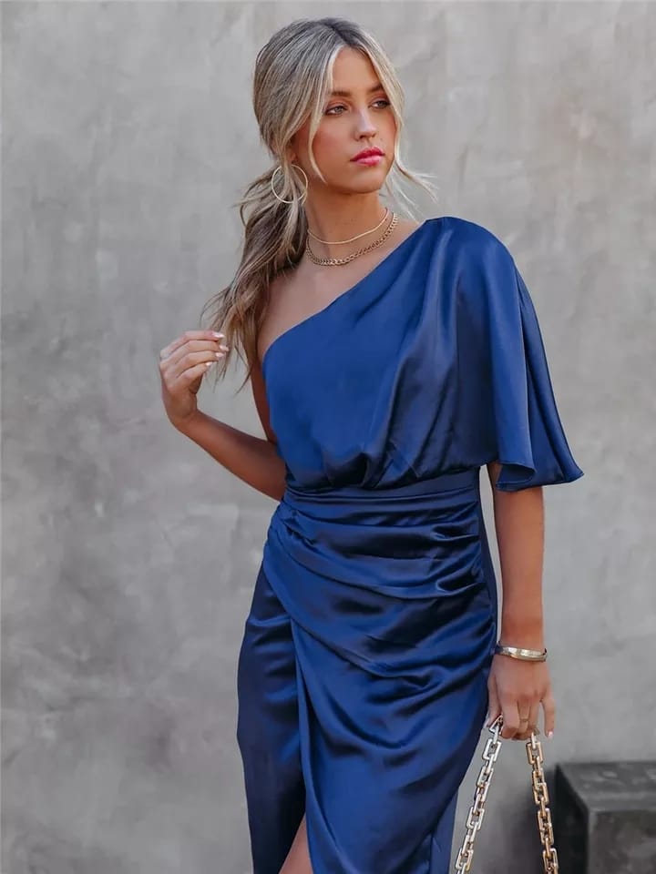 Blue One Shoulder Satin Ruched Dress