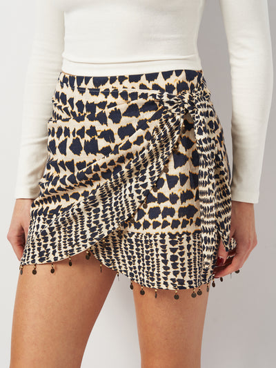 Tied Beaded Animal Print Wrap Short Skirt