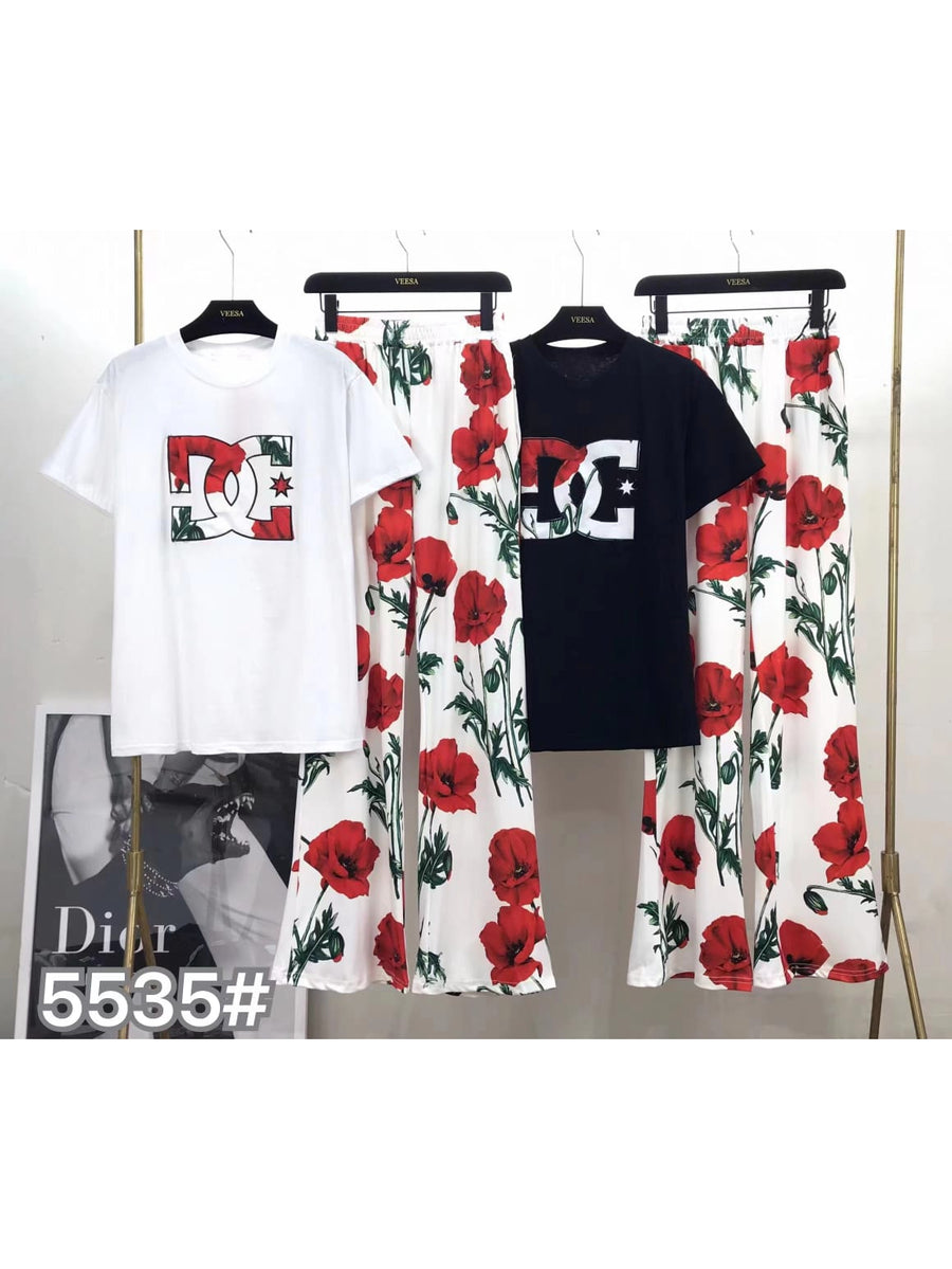 Floral Print T Shirt & Wide Leg Pants Coord Set