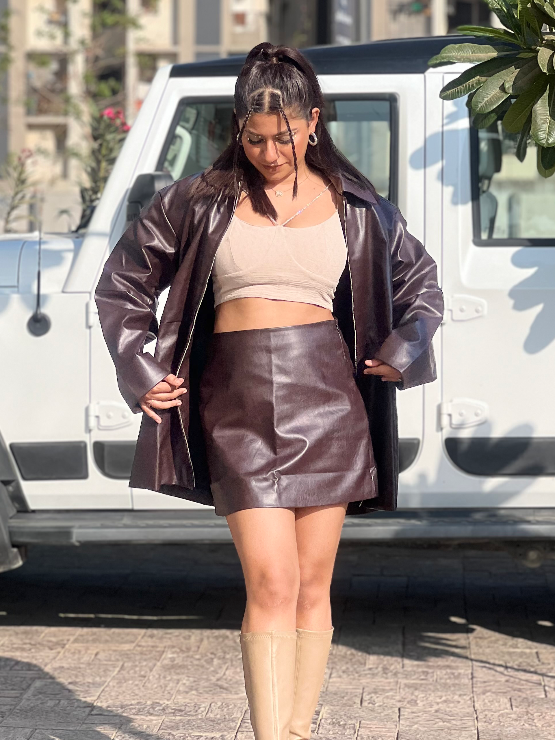 Leather Long Jacket & Short Skirt Coord Set 