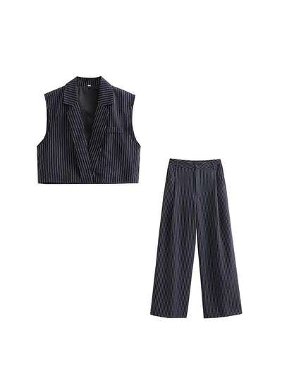 Striped Lapel Neck Crop Vest Blazer & Pants Coord Set
