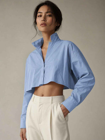 Full Sleeves Satin Collared Crop Shirt Top