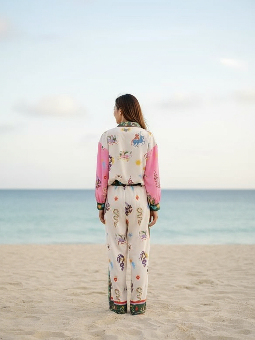 Summer Animal Eye Print Shirt & Pants Coord Set