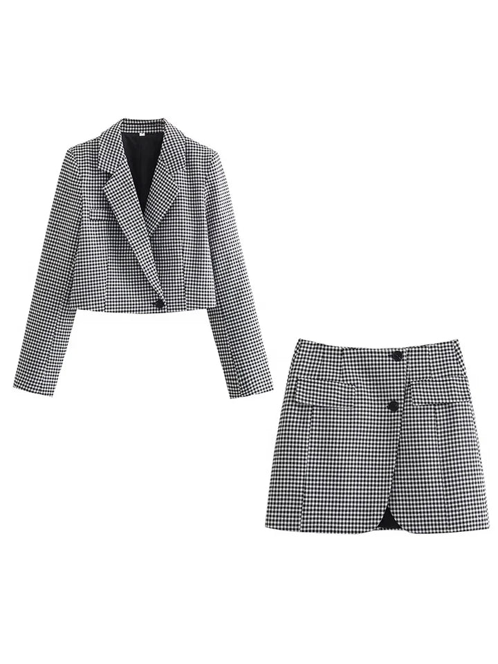 Black Gingham Print Crop Blazer & Skirt Coord Set