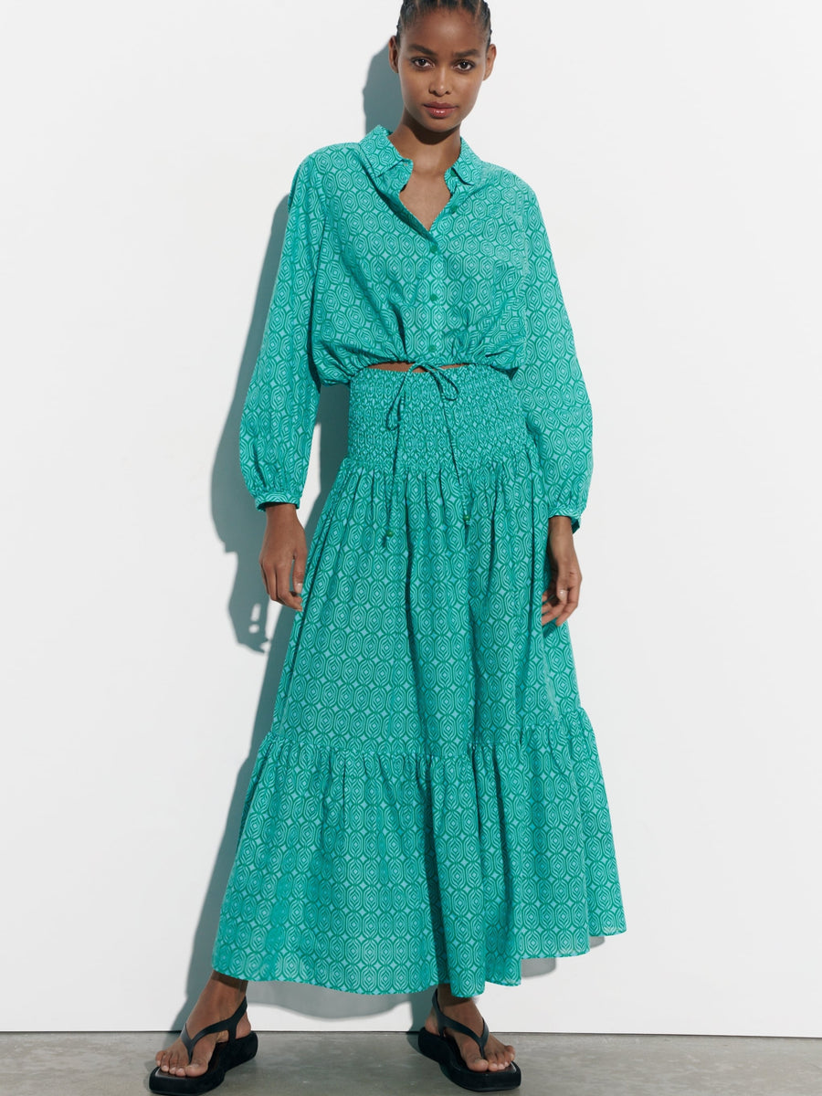 Printed Shirt Top & Elastic Waist Skirt Coord Set