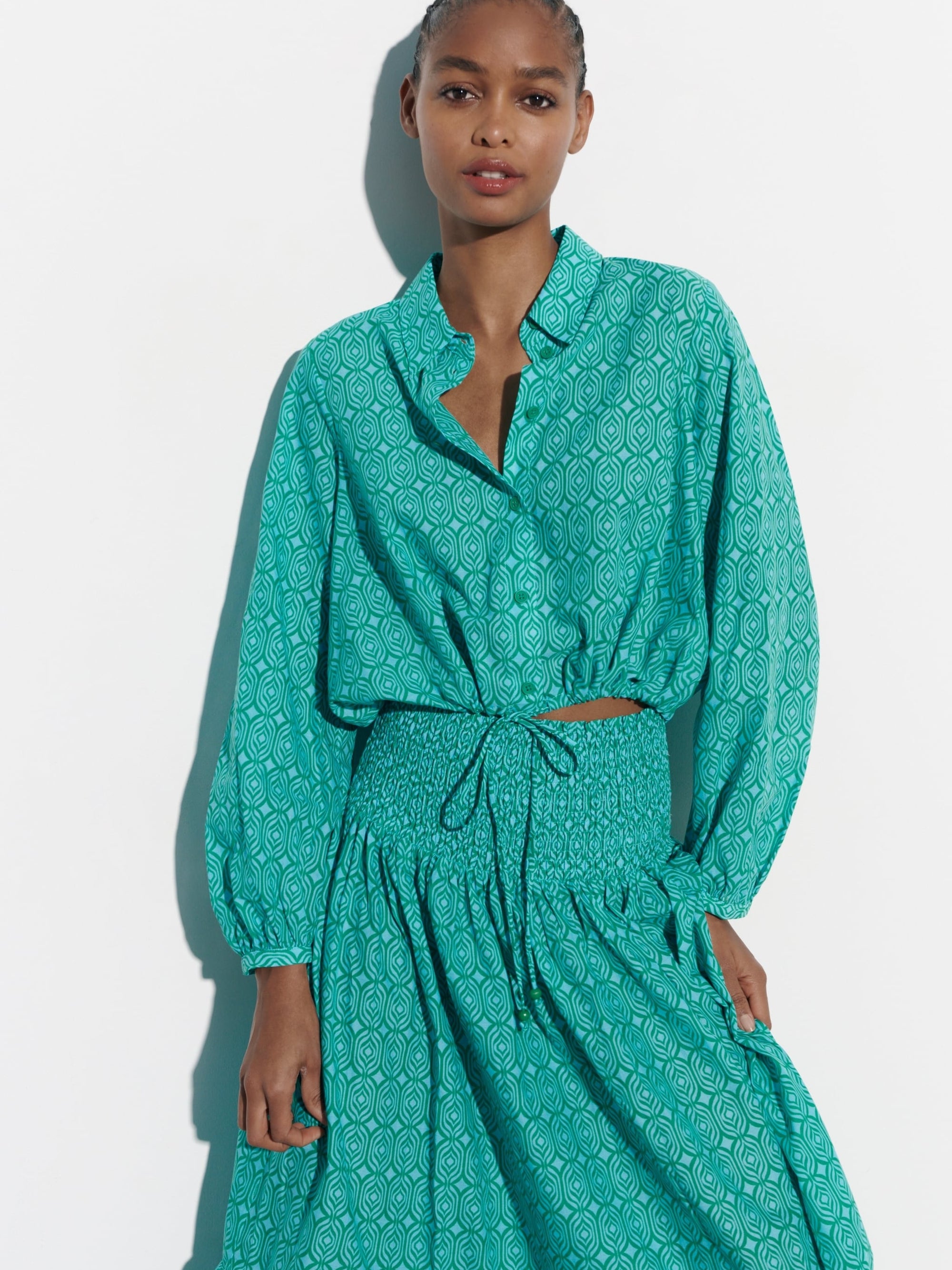 Printed Shirt Top & Elastic Waist Skirt Coord Set