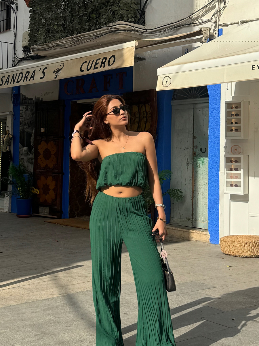 Pleated Tube Top & Wide Leg Pant Coord Set
