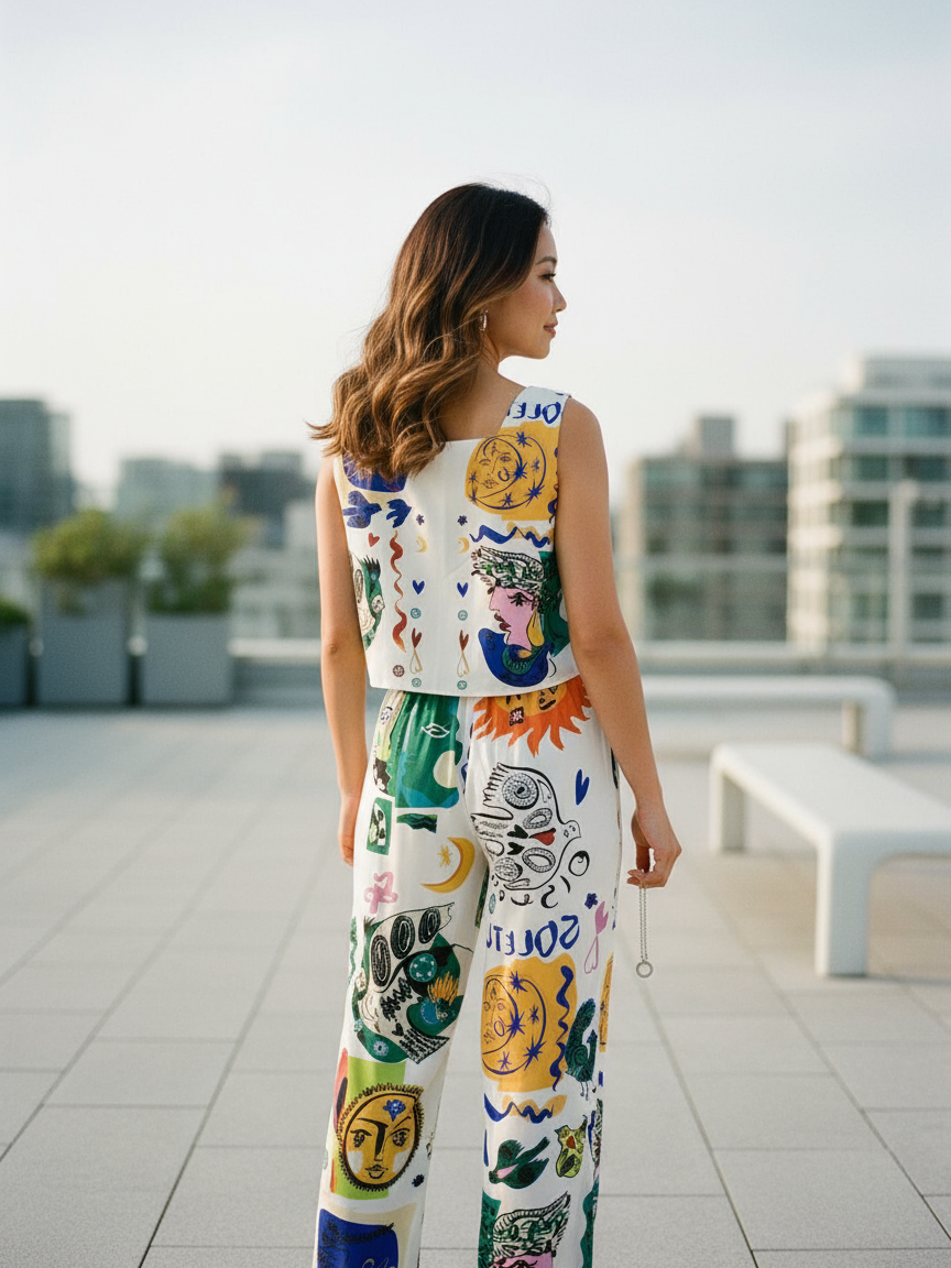 Abstract Print Wide Leg Pants & Vest Coord Set