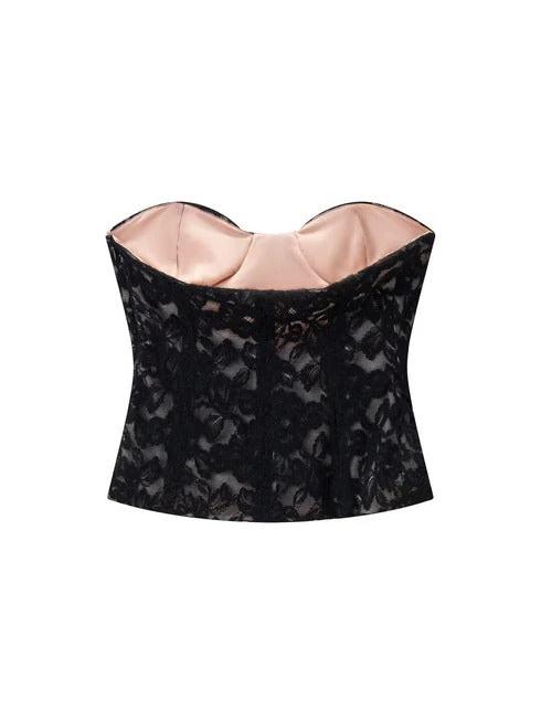 Noir Bloom Strapless Corset by SR Store, black lace with pink satin interior