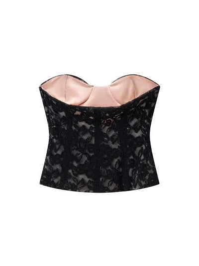 Noir Bloom Strapless Corset by SR Store, black lace with pink satin interior