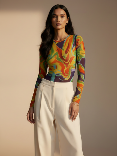 Printed Mesh Tulle Bodysuit by Exclusives, multicolor abstract print, on sale