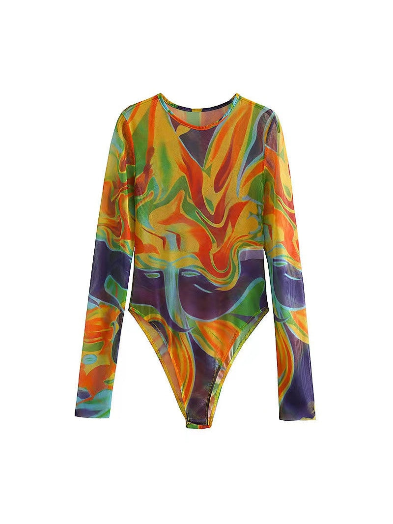 Printed Mesh Tulle Bodysuit