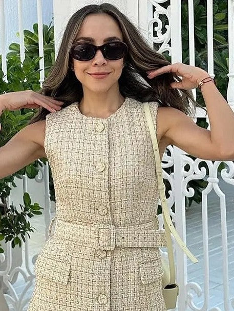 Tweed Long Vest Jacket With Belt