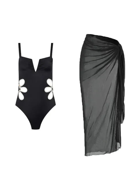 Black Floral Hollow out Print Bikini Set with Skirt
