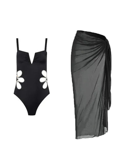 Black Floral Hollow out Print Bikini Set with Skirt