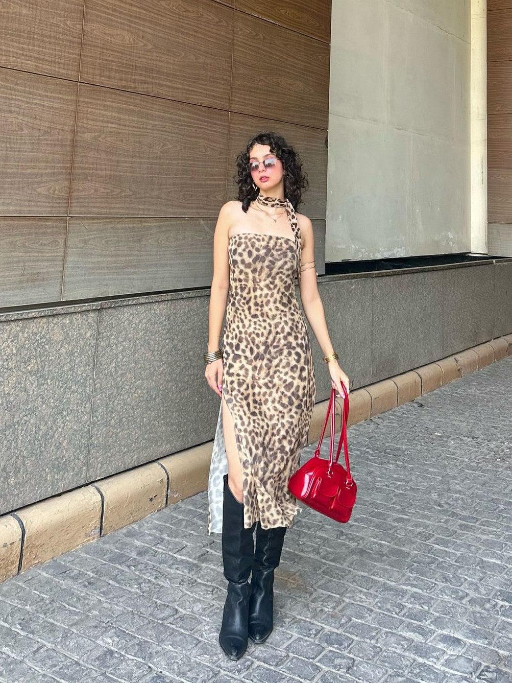 Animal Print Mesh Split Tube Dress