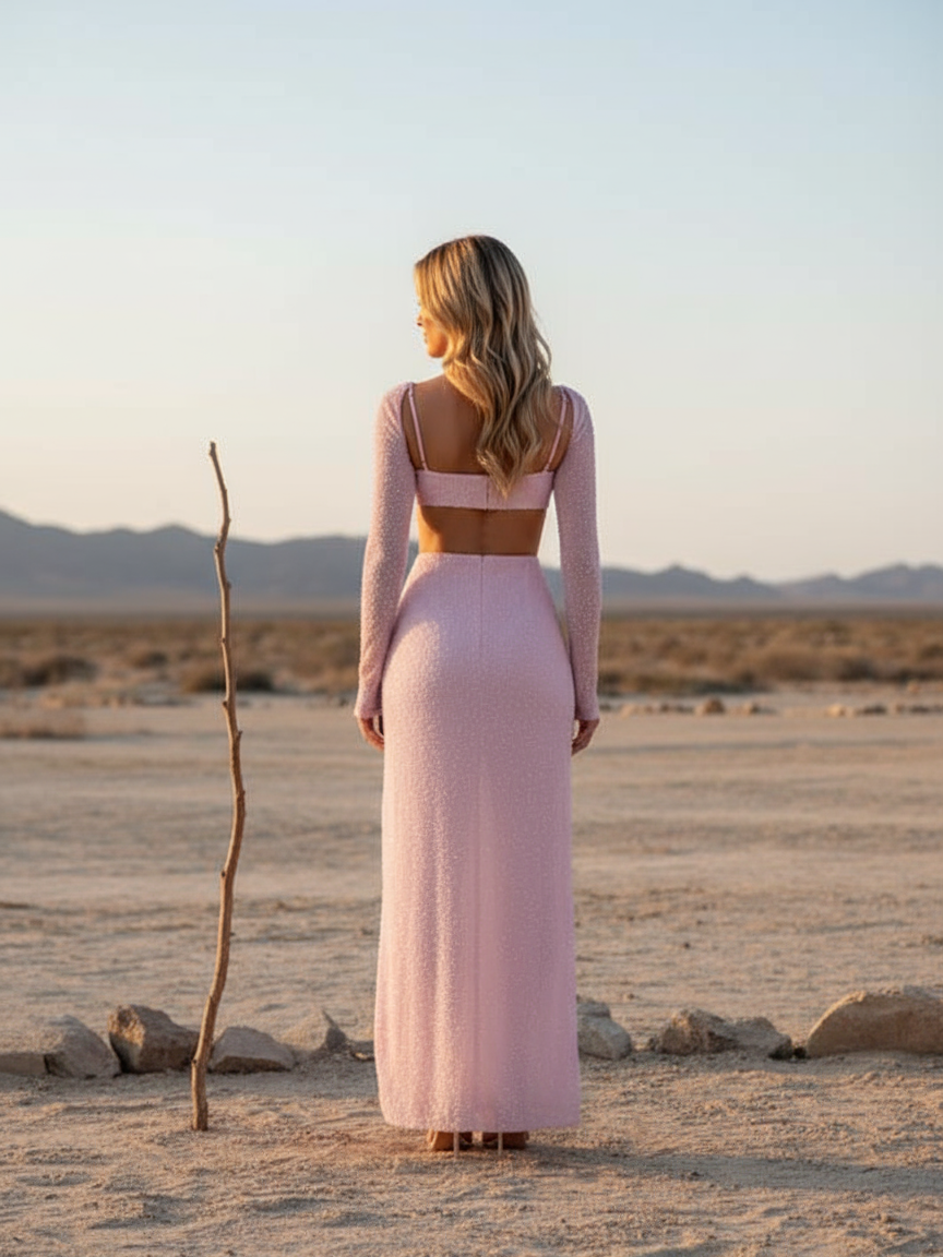 Shimmer Full Sleevees Backless High Slit Maxi Dress