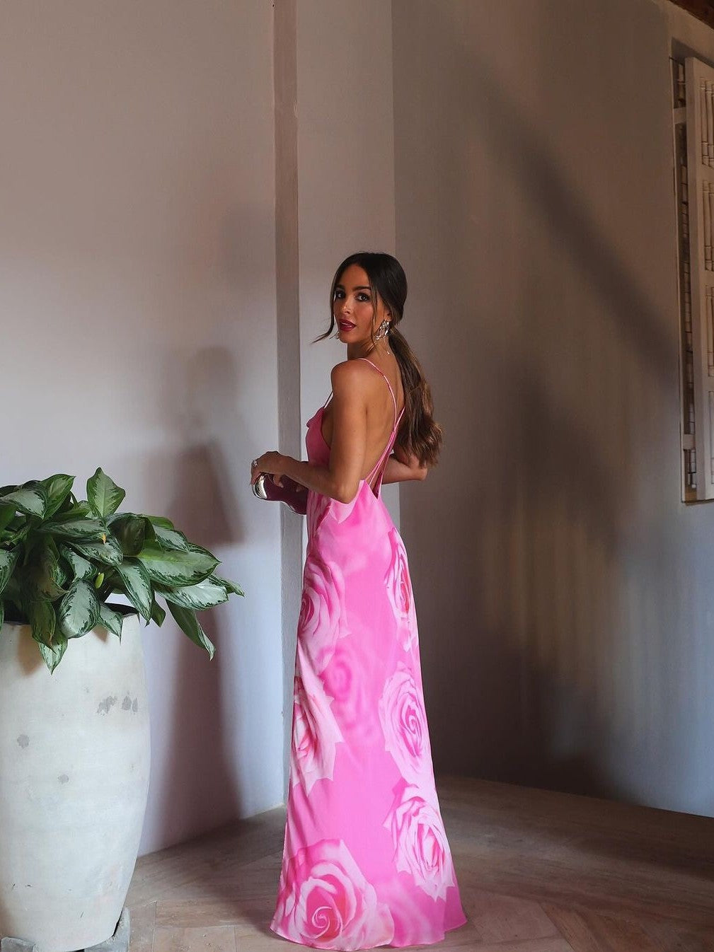 Pink Floral Print Maxi Backless Tie Dress