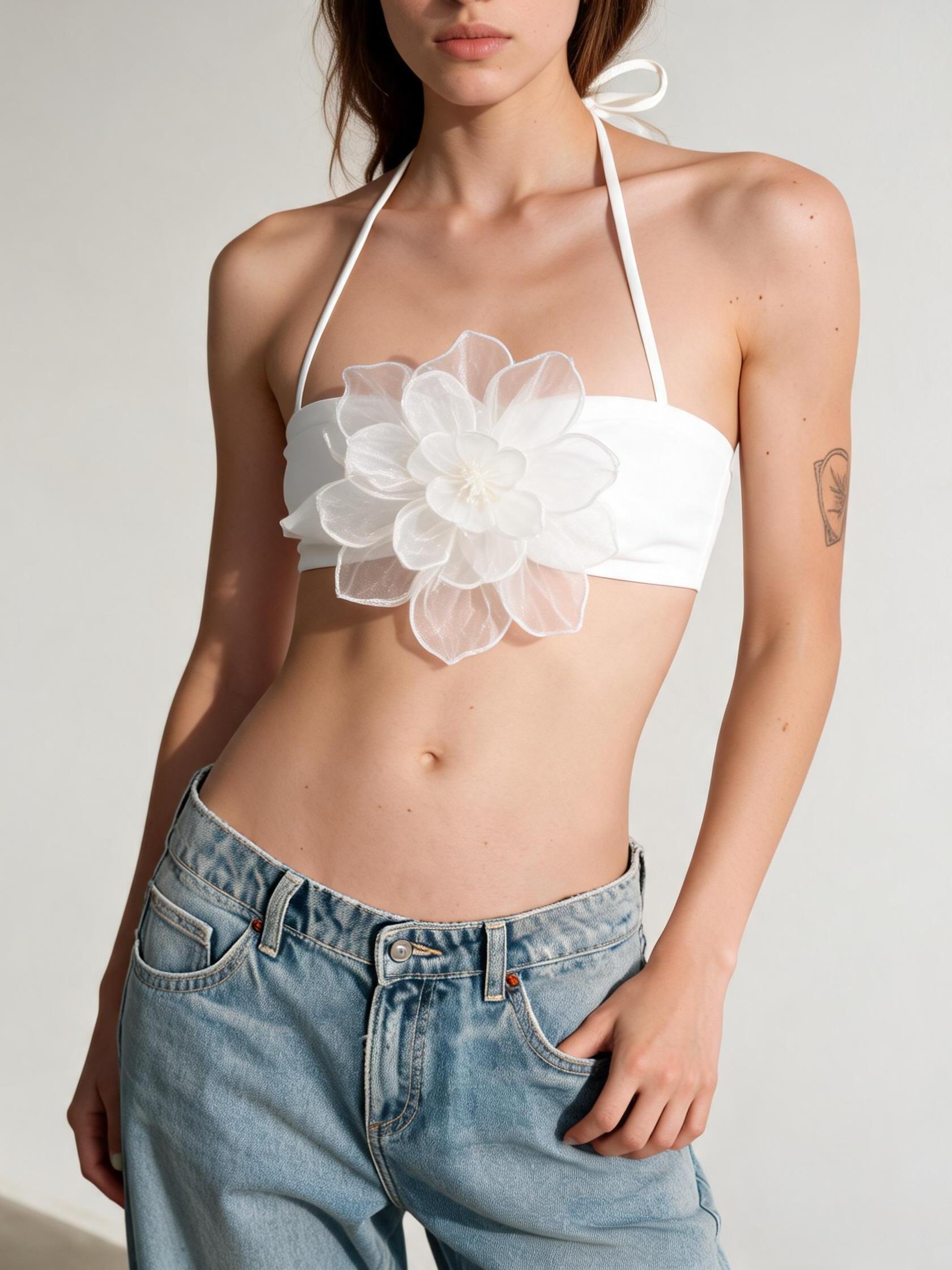 3D applique halterneck white tube top with a large flower