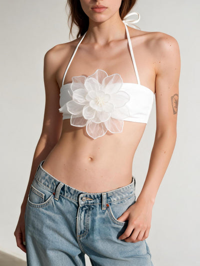 3D applique halterneck white tube top with a large flower