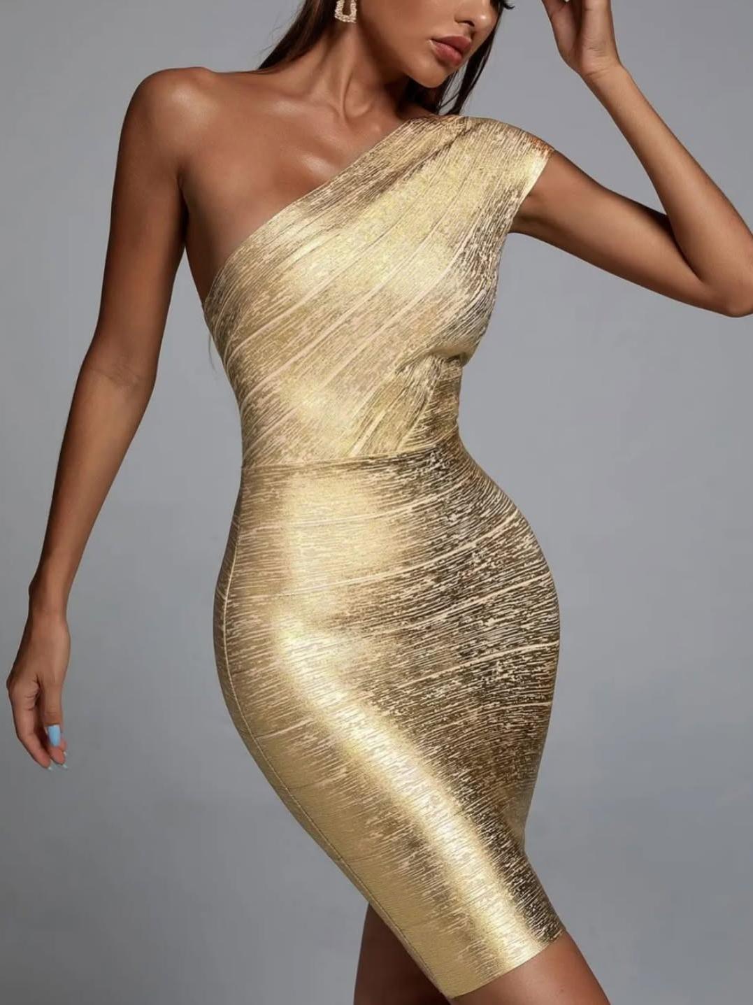 Gold metallic one-shoulder bandage dress, bodycon fit, knee-length with brushed texture.
