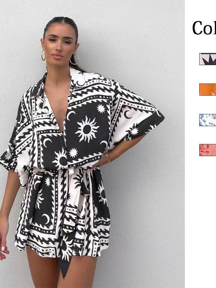 Loose Casual Printed Summer Romper with Belt