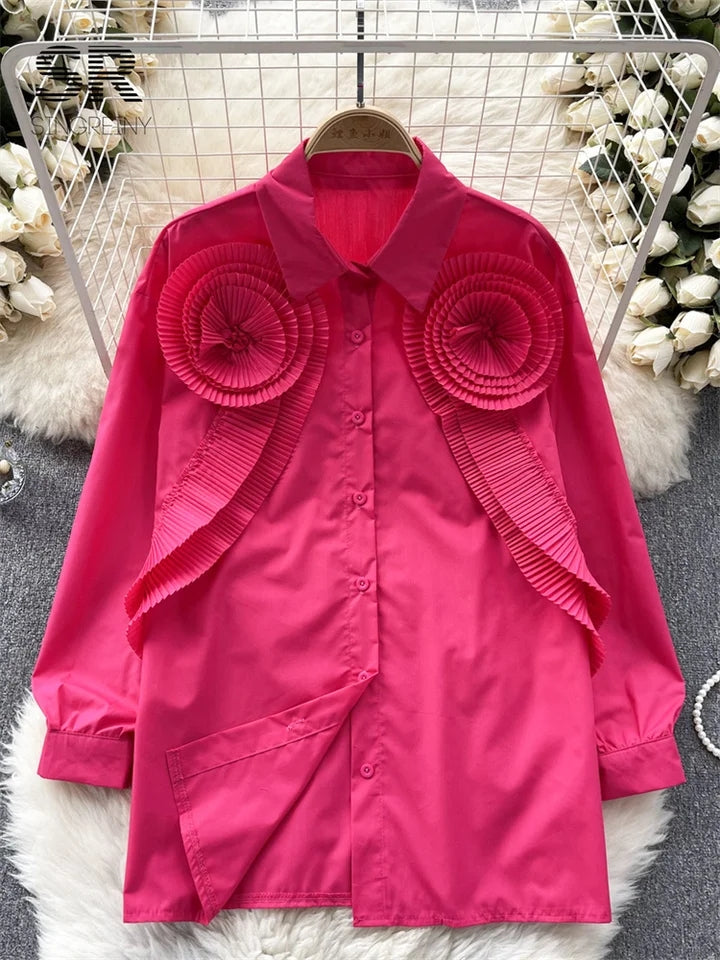 Ruffles Pleated Flower Patch Long Shirt