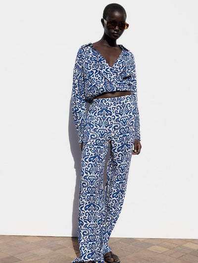 Porcelain Print Crop Top & Pants Coord Set