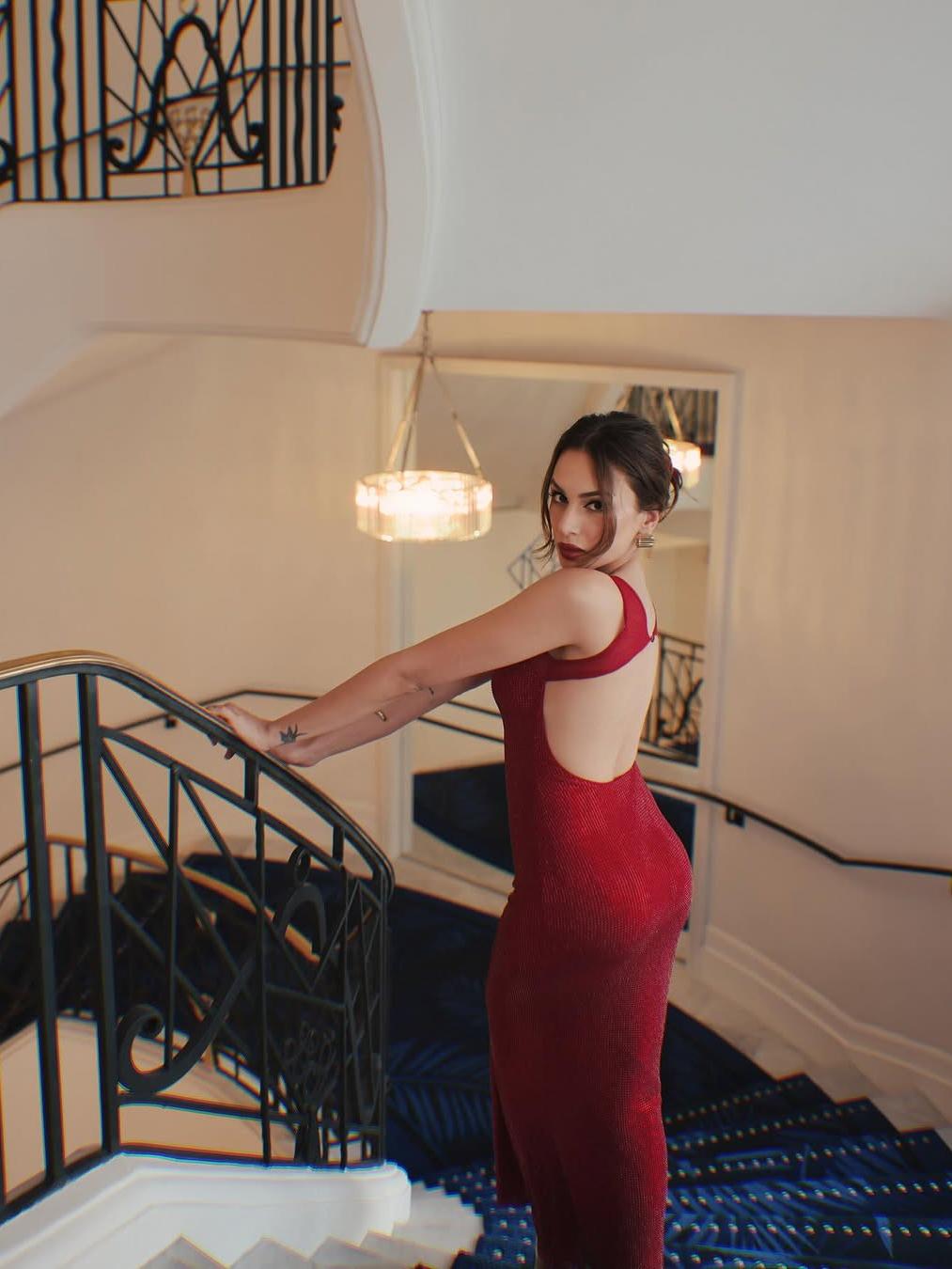 Scoop Neckline Backless Rhinestone Mesh Dress