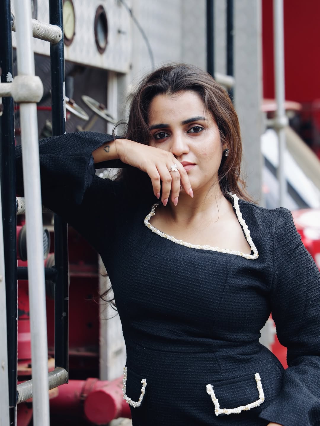 Tweed Full Sleeves Beaded Short Dress