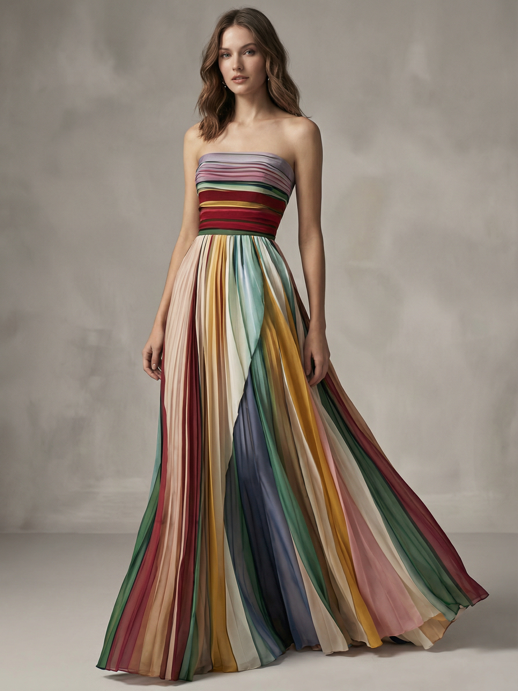 Rainbow Pleated Strapless Maxi Dress