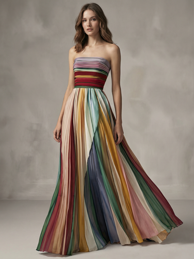 Rainbow Pleated Strapless Maxi Dress