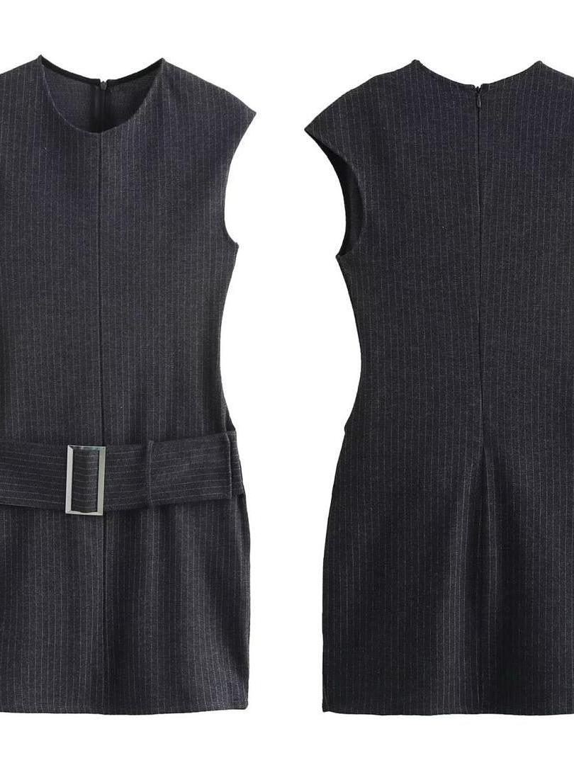 Striped/ Plain/ Chequered Print Short Belt Sleeveless Dress