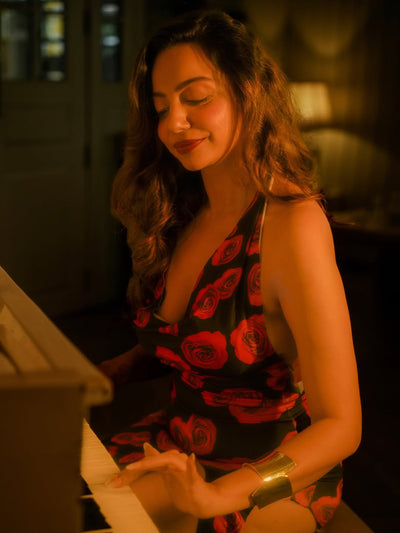 Rose Print Halterneck Backless Slit Maxi Dress