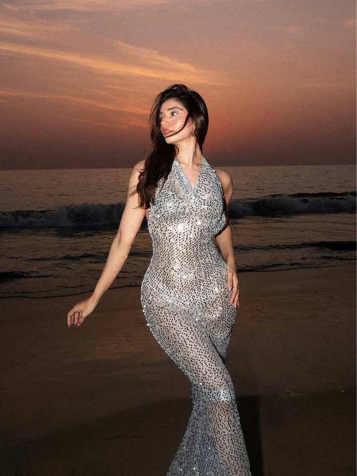 See Through Sequins Tied Halterneck Backless Maxi Dress