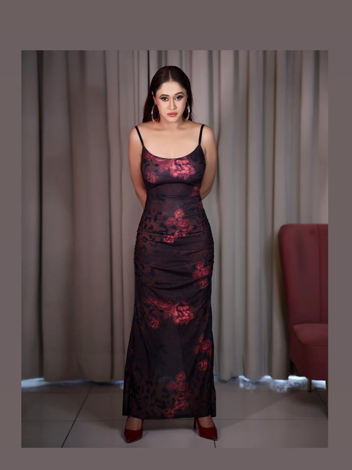 Floral Print Slit Sheath Mesh Dress