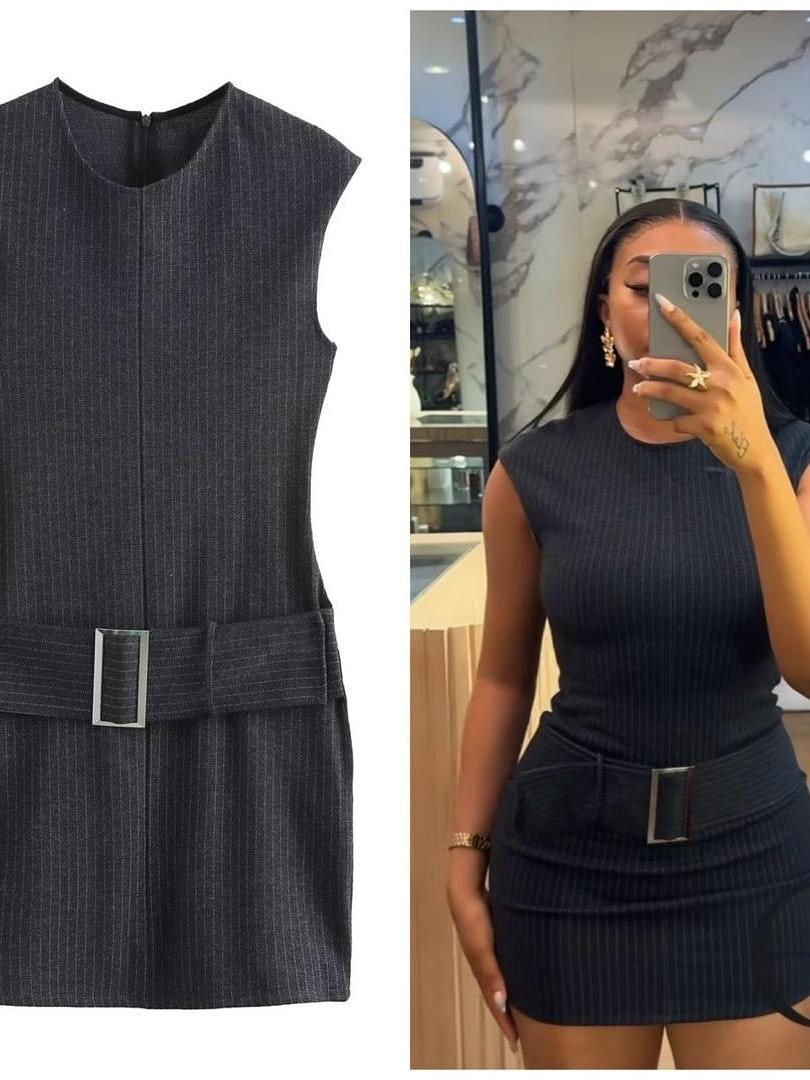 Striped/ Plain/ Chequered Print Short Belt Sleeveless Dress