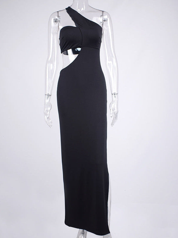 High Slit Oblique Shoulder Maxi Dress