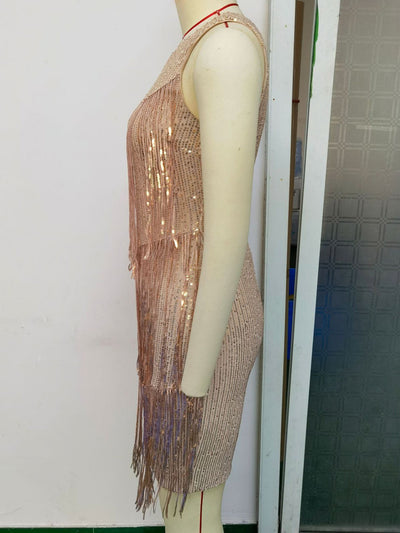 Shoulder Tassel Stitching Sequ Dress Evening Dress