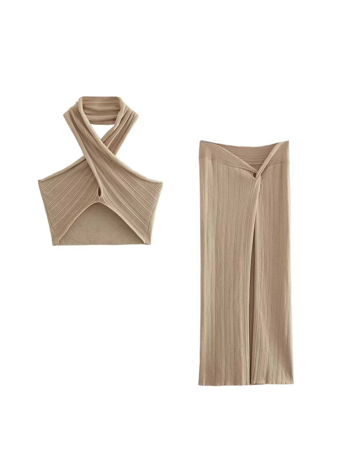 Khaki Halterneck Top & Asymmetric Knitting Skirt Set