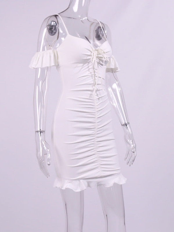 Spaghetti Strap Off Neck Ruffles Pleated Backless Slip Dress