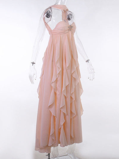 Pink Tube Top Ruffled Maxi Split Dress