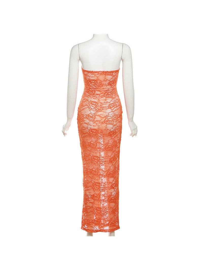Orange Bandeau Lace See Through Sheath Dress