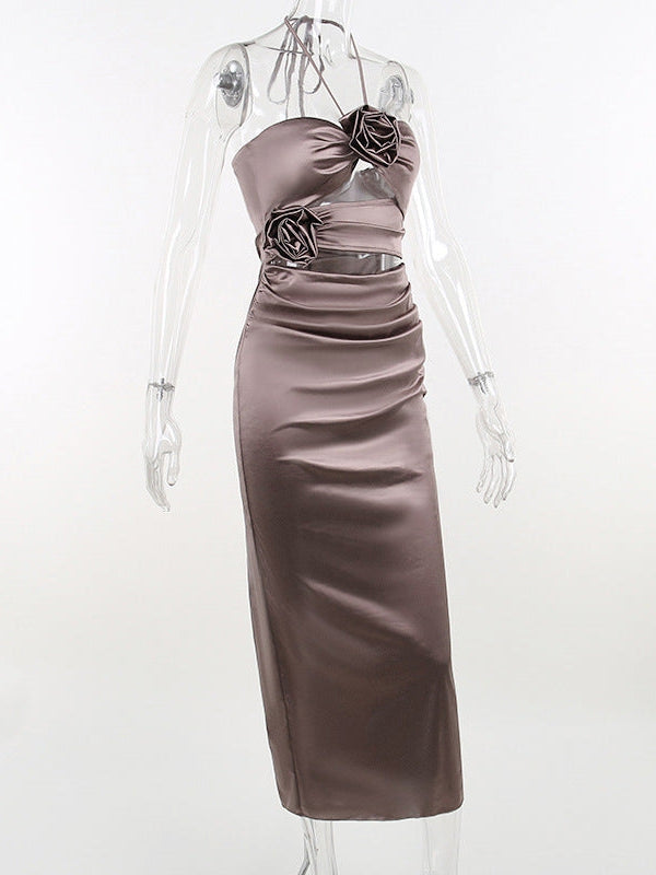 3D Floral Applique Satin Cutout Dress