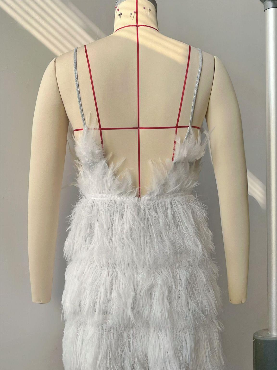 Deep V Plunge Neck Feather Cami Dress