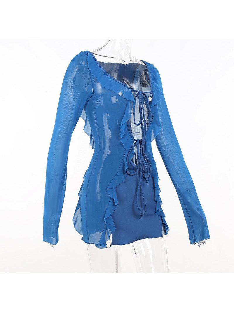 V Neck Ruffle Long Sleeves Bodycon Short Dress