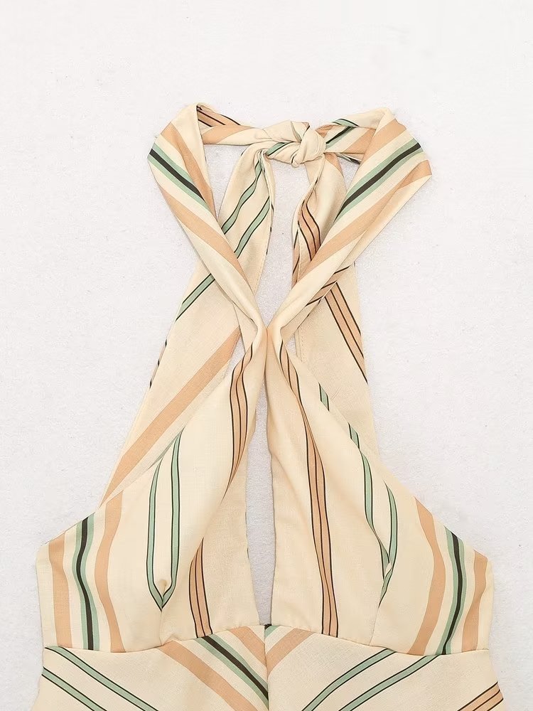 Striped Linen Blended Short Dress