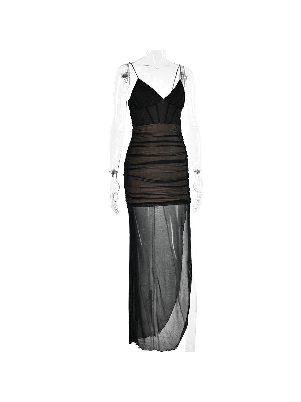 Mesh Tulle Spaghetti Strap Slit Maxi Dress