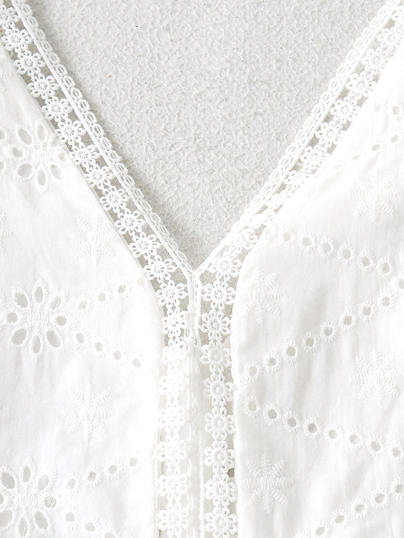 V Neck Eyelet Embroidery Dress